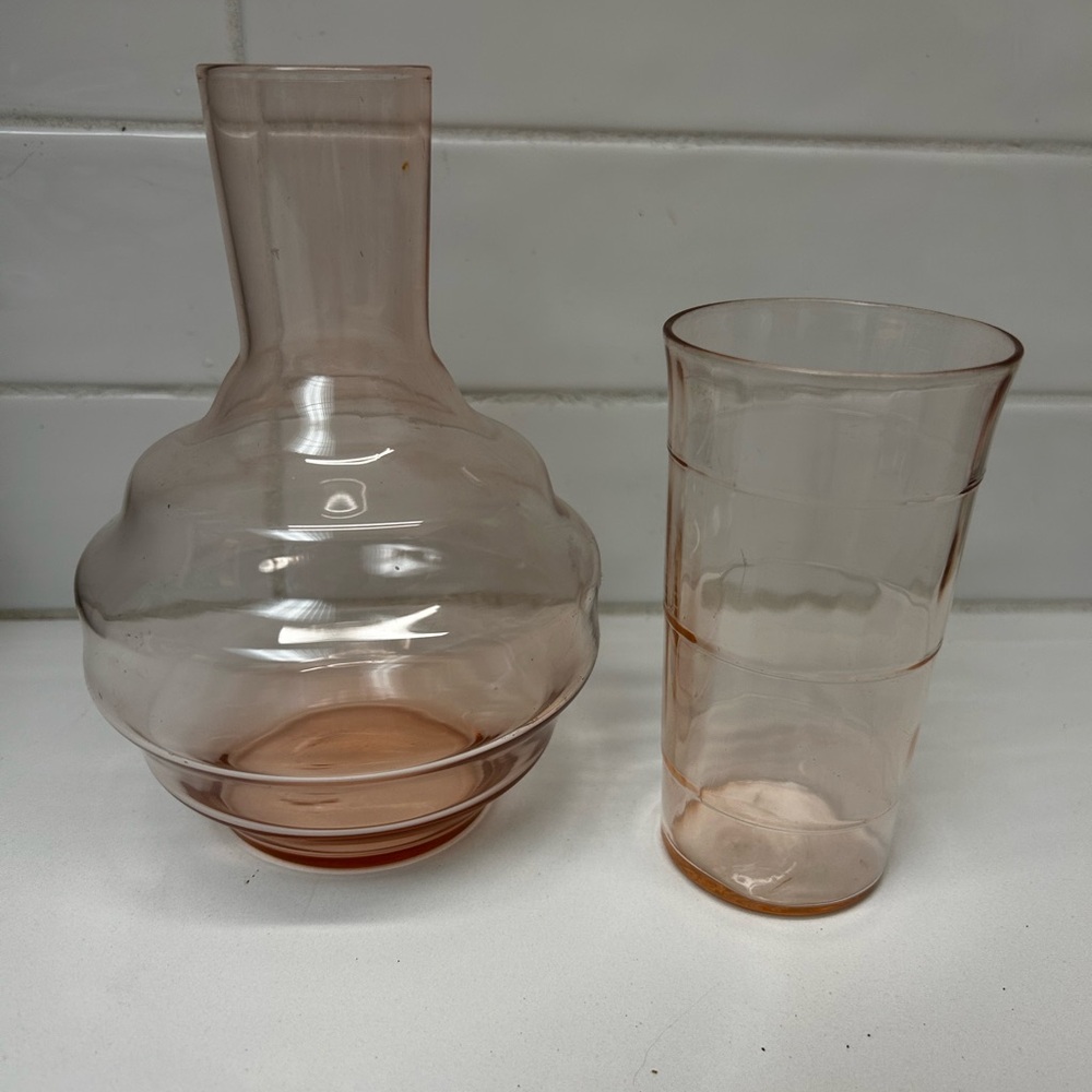 Vintage depression glass decanter and glass nightstand set